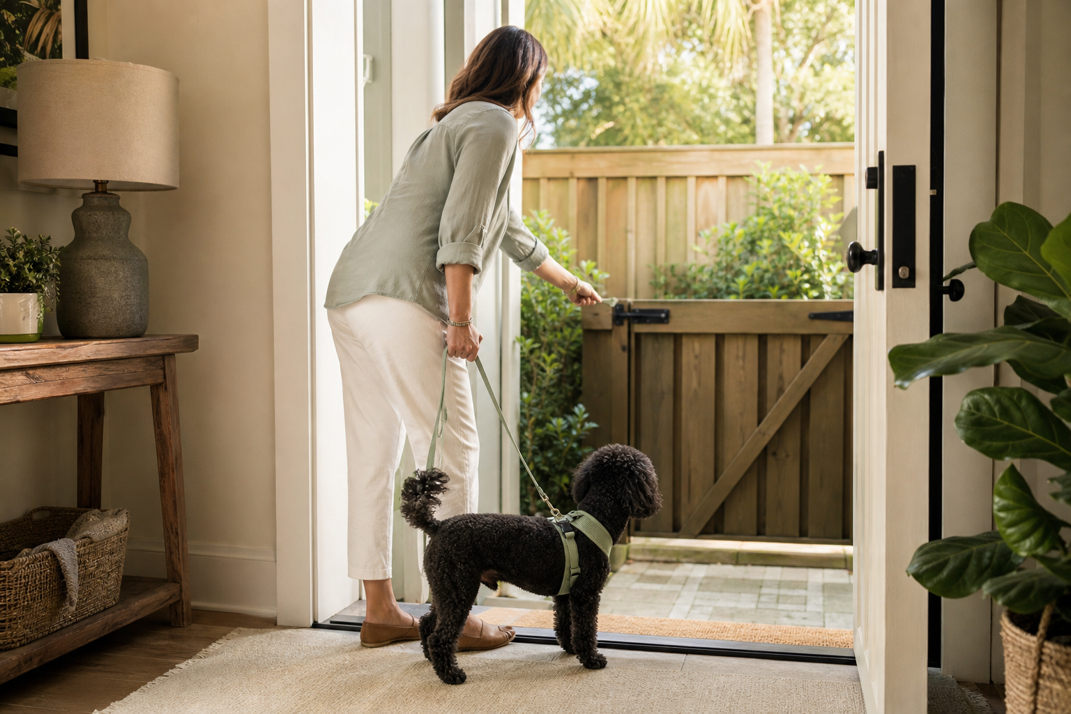 Owner checking a latched backyard gate while a black Miniature Poodle waits calmly on leash indoors.
