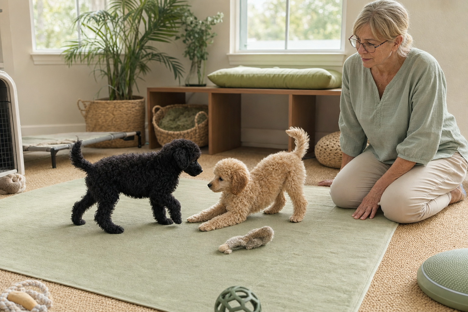 Breeder observing a black and an apricot Miniature Poodle puppy interacting on a sage play mat.