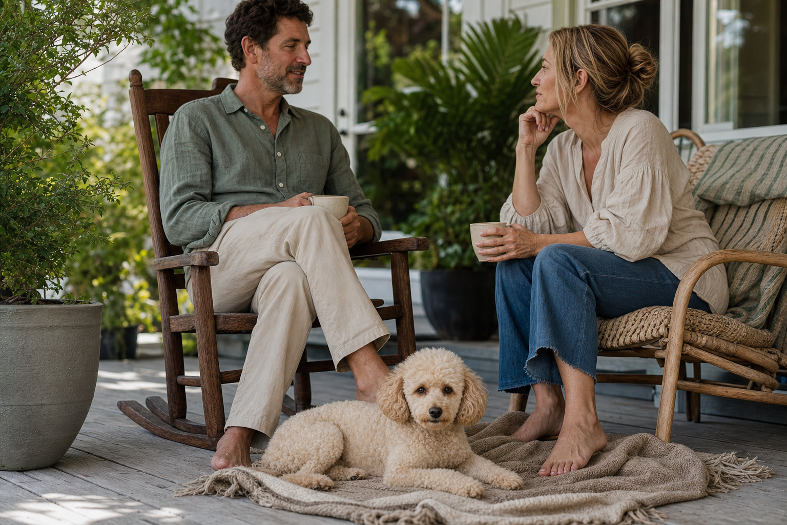 Cream Miniature Poodle relaxing beside a family on a shaded Florida porch.