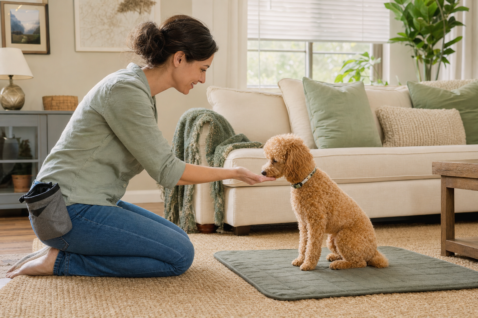 Apricot Miniature Poodle practicing a calm hand-target exercise with an owner indoors.