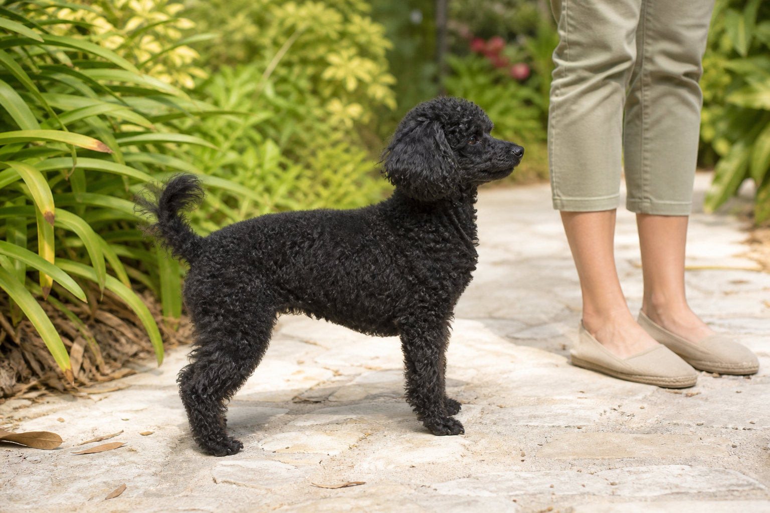 Black Miniature Poodle standing in profile beside an adult on a sunlit garden path.