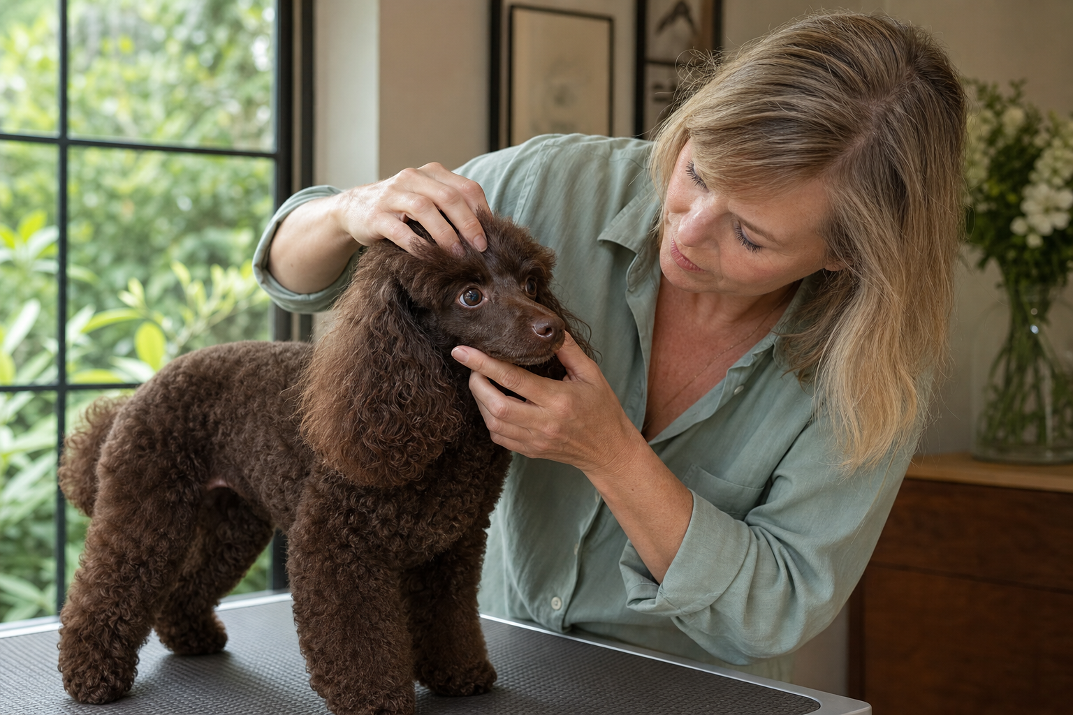 Breeder gently checking the coat roots and facial pigment of a brown Miniature Poodle beside a window.