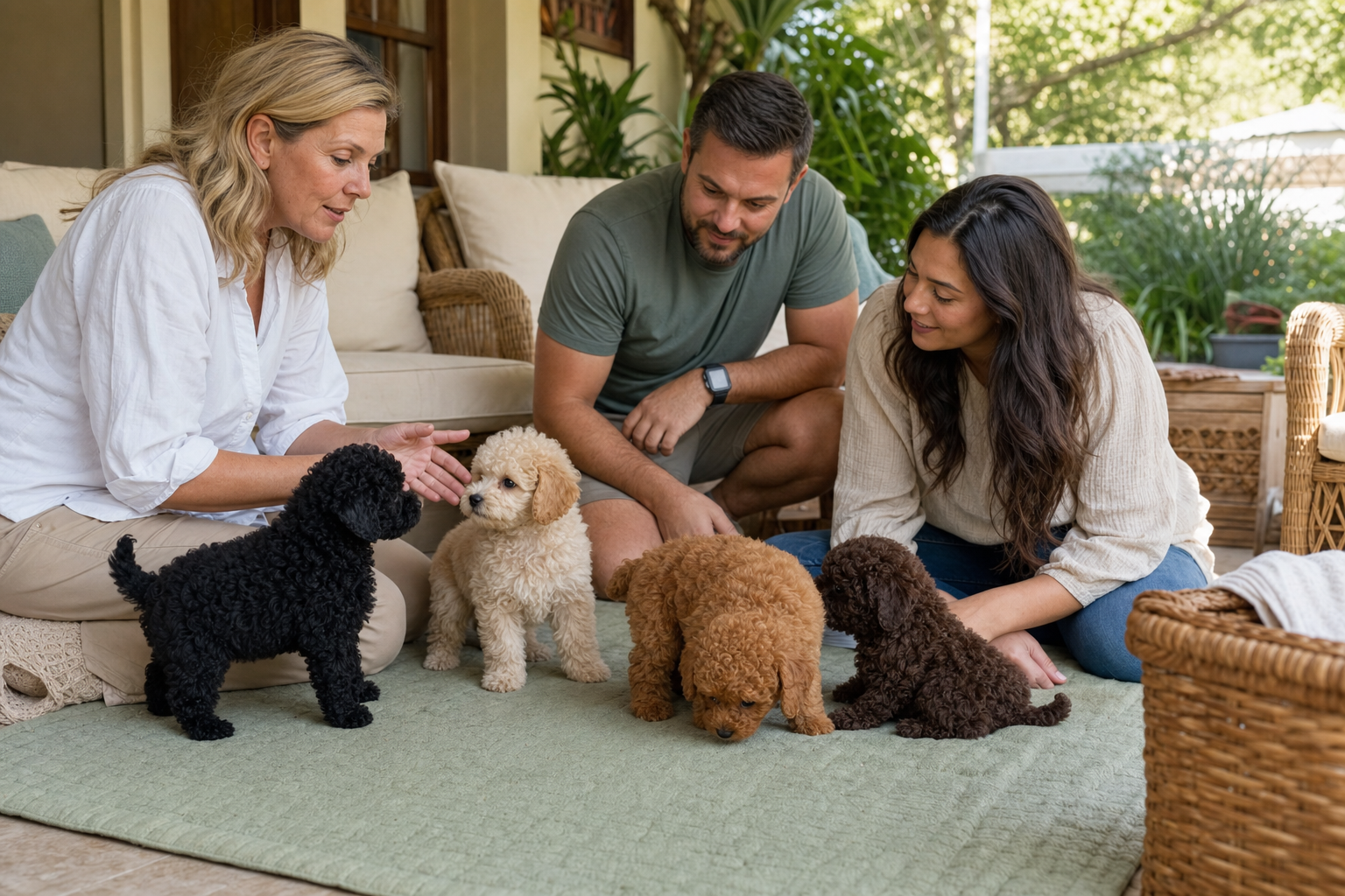 Breeder and couple observing black, cream, apricot, and brown Miniature Poodle puppies exploring on a porch mat.