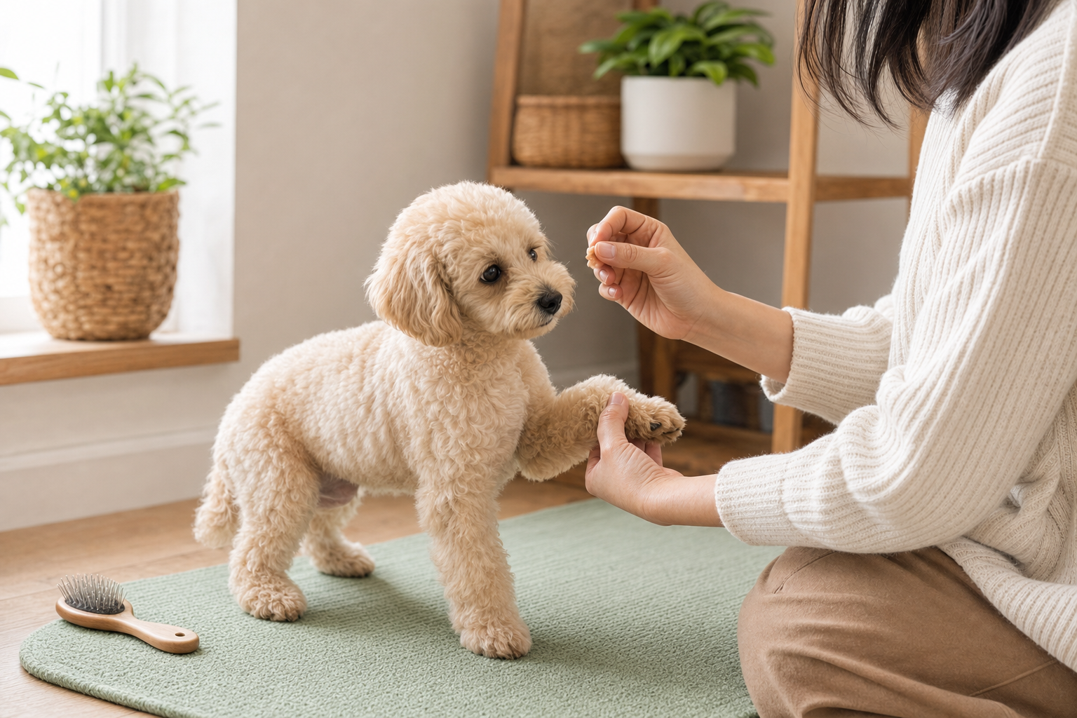 Owner gently handling a cream Miniature Poodle puppy’s paw during a short grooming practice.