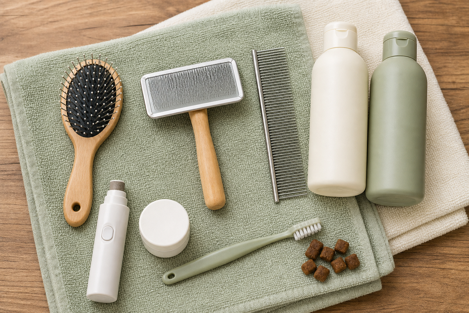 Poodle grooming tools arranged with a brush, comb, dog shampoo, nail grinder, and toothbrush.