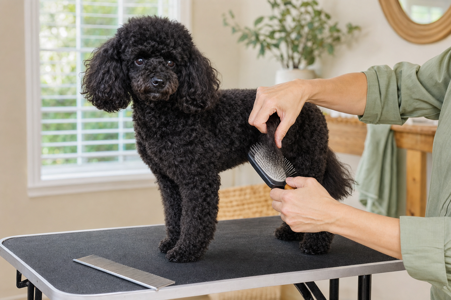 Owner line-brushing a black Miniature Poodle on a nonslip grooming table.