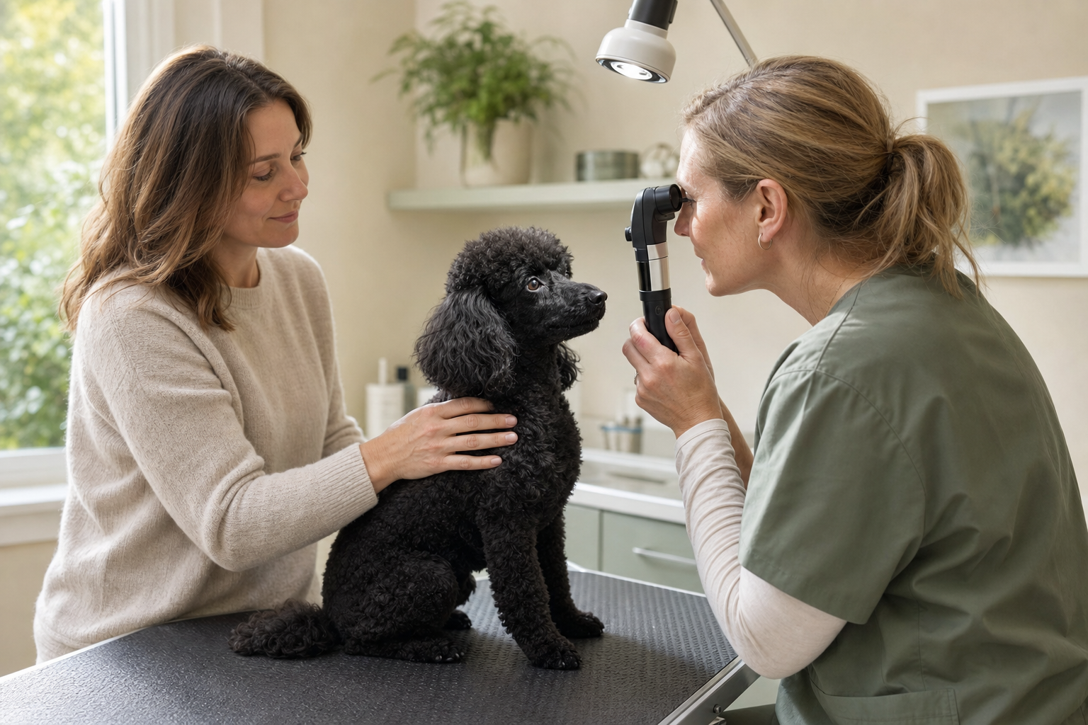 Veterinary ophthalmologist examining a black Miniature Poodle's eye with a handheld instrument.
