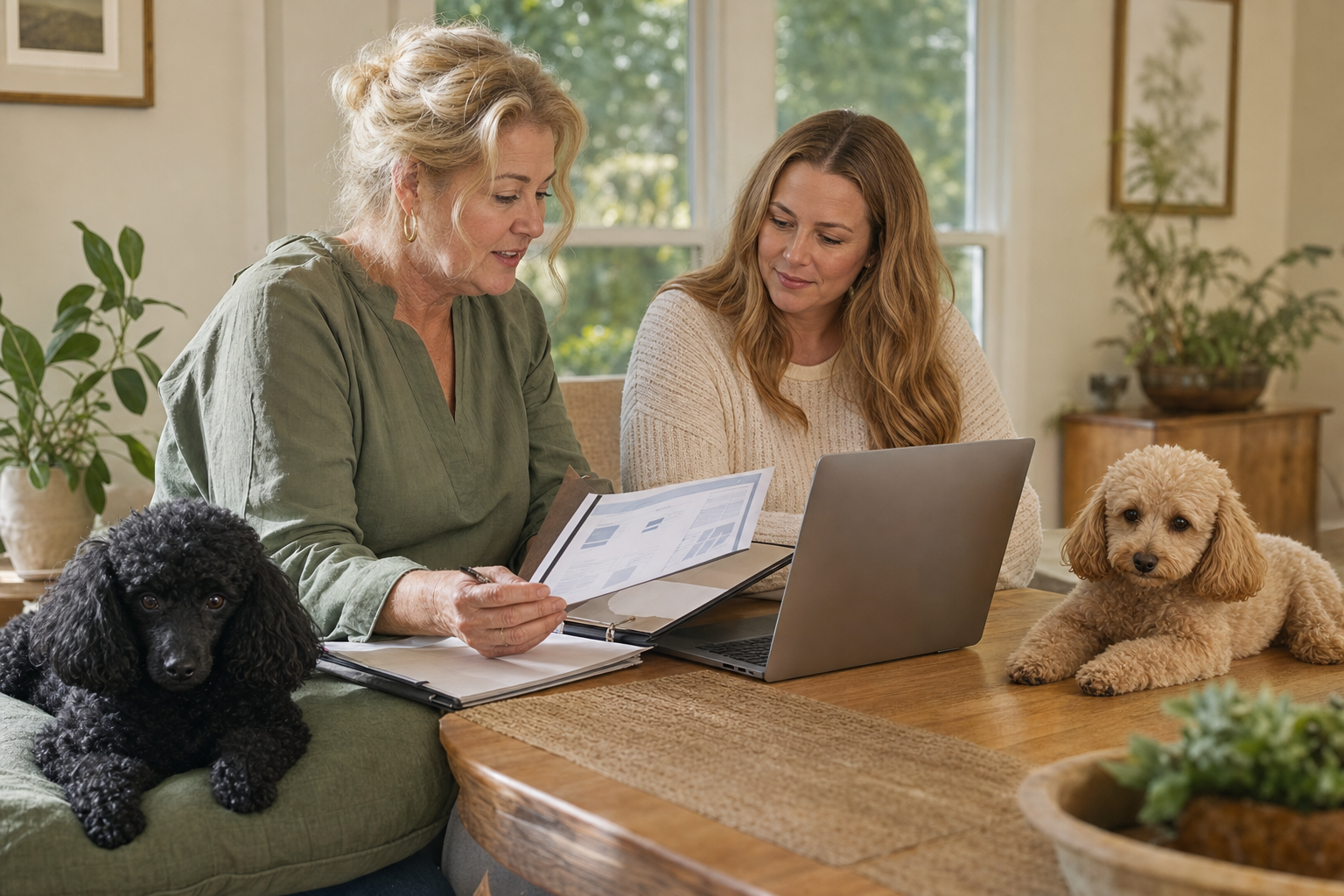 Breeder and prospective owner reviewing health records beside black and apricot Miniature Poodles.