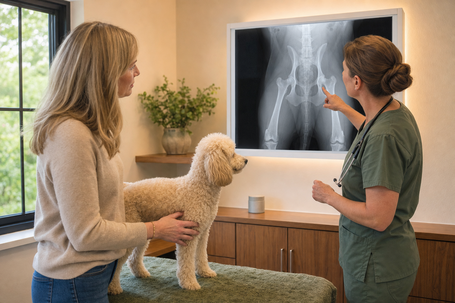 Veterinarian reviewing a canine hip radiograph with the owner of a cream Miniature Poodle.