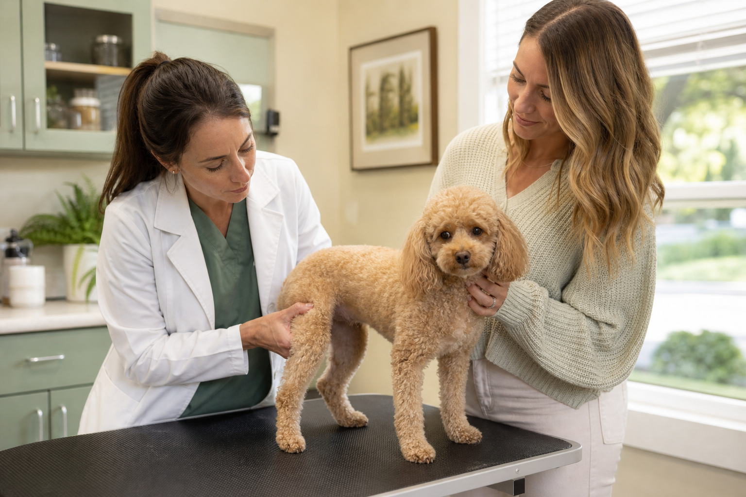 Veterinarian gently examining an apricot Miniature Poodle's rear knee while the owner steadies the dog.