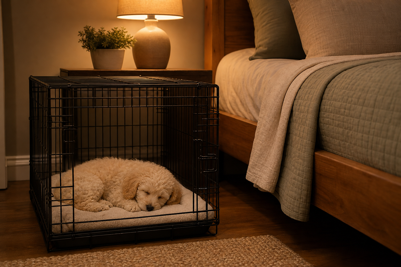 Cream Miniature Poodle puppy sleeping in a bedside crate under a warm night light.