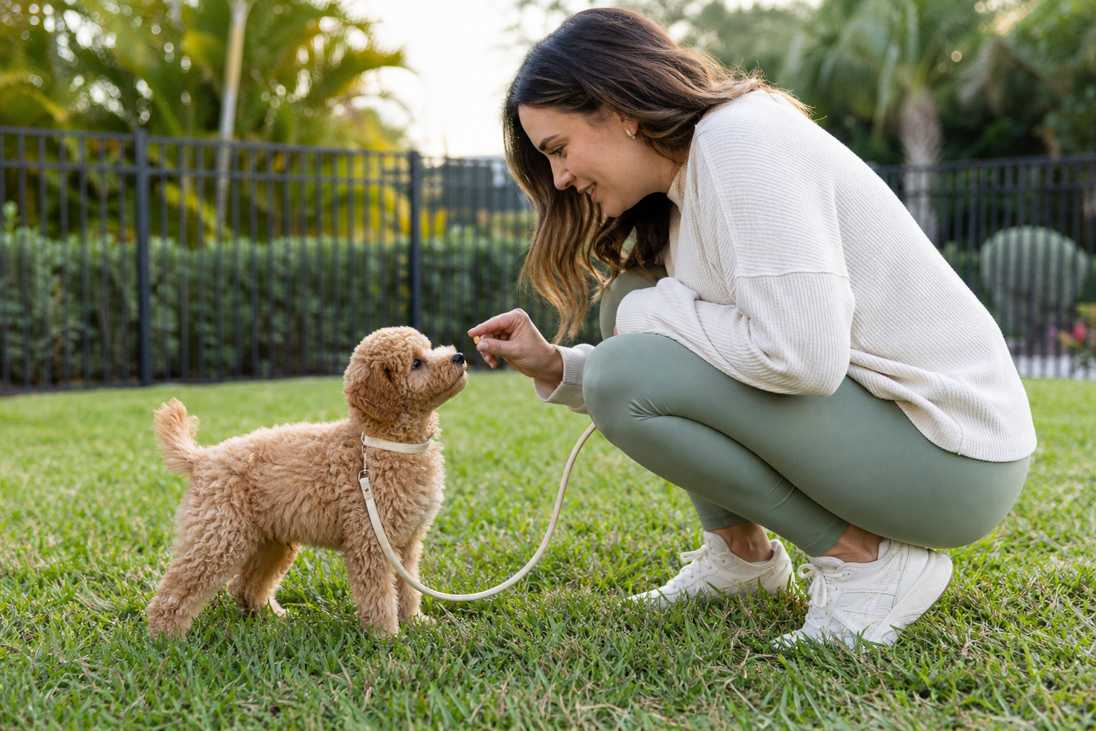 Apricot Miniature Poodle puppy receiving a reward after a potty trip in a fenced yard.