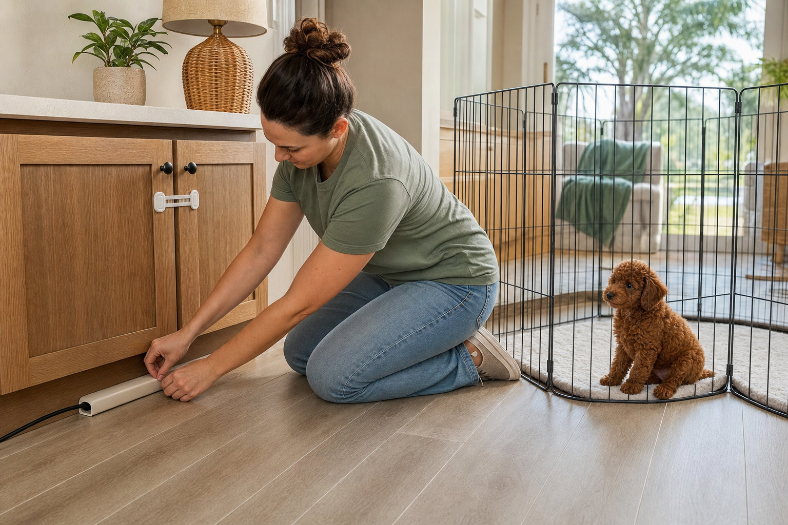 Owner securing a low cabinet while a red Miniature Poodle puppy watches from a playpen.
