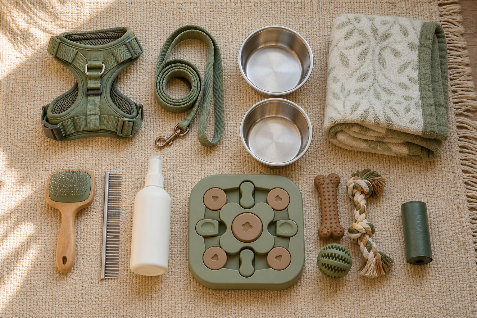 Miniature Poodle puppy essentials arranged neatly on a cream woven rug.