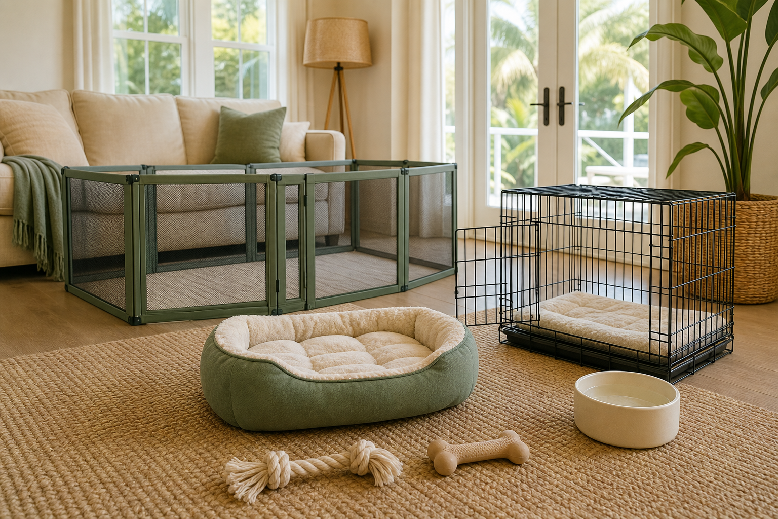 Calm puppy-safe living area with an open crate, playpen, bed, water, and chew toys.