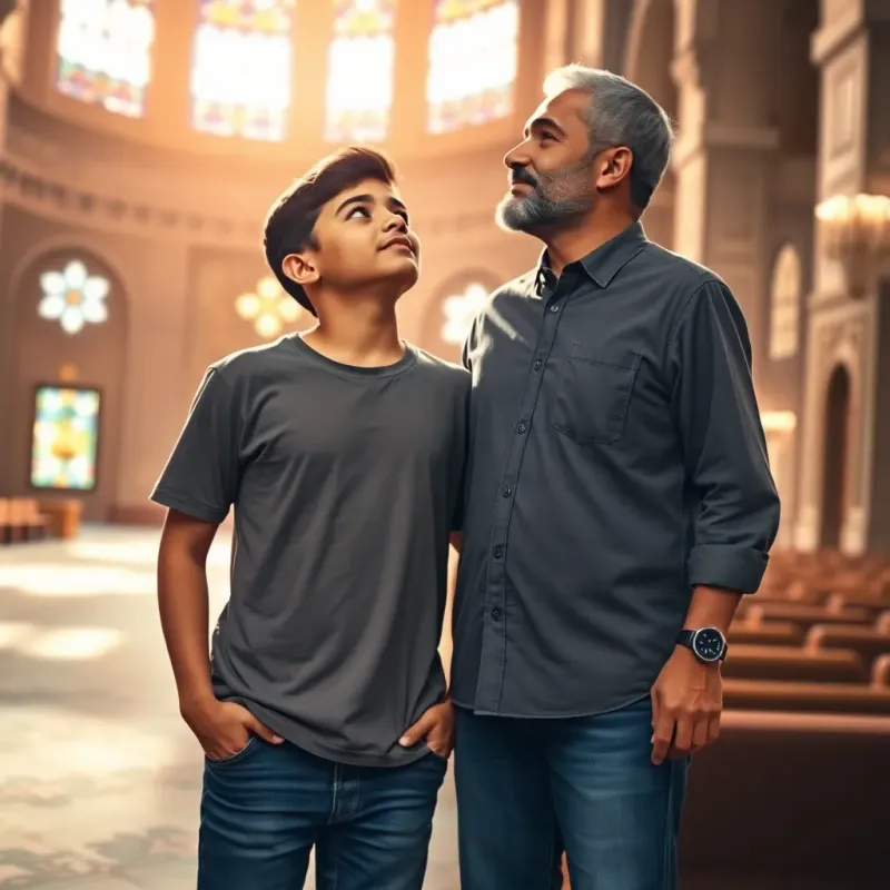 A young Arab boy, Adam, standing beside his father inside a peaceful mosque, wearing a t-shirt and jeans, looking up at his father with bright eyes, gentle warm light filtering through colorful stained glass, serene atmosphere, digital art, soft focus, high quality