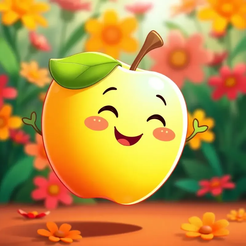 A cute, optimistic apple, bouncing lightly with a happy expression, colorful background with flowers, comic animated style, vivid colors, cheerful atmosphere, high quality