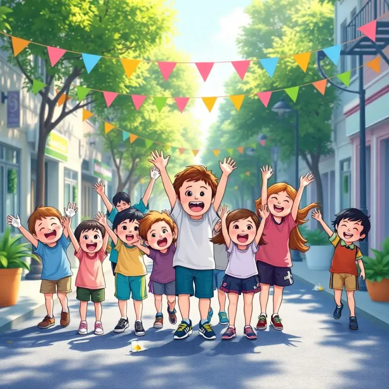 Children celebrating in a clean street, with colorful decorations and happy faces, showing teamwork and joy, sunlight filtering through trees, evoking a sense of achievement and pride, digital illustration, lively and uplifting