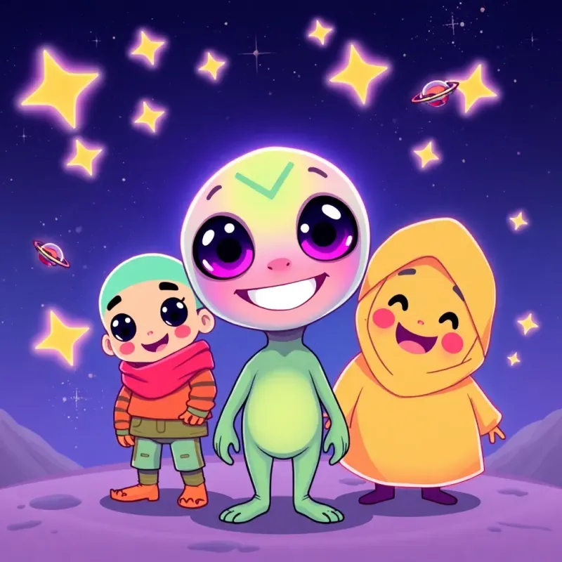 A small alien creature, Zub, with big eyes and a bright smile, standing next to Omar and Sami, surrounded by shining stars and flying objects, cheerful and curious, colorful illustration, friendly vibe, high quality
