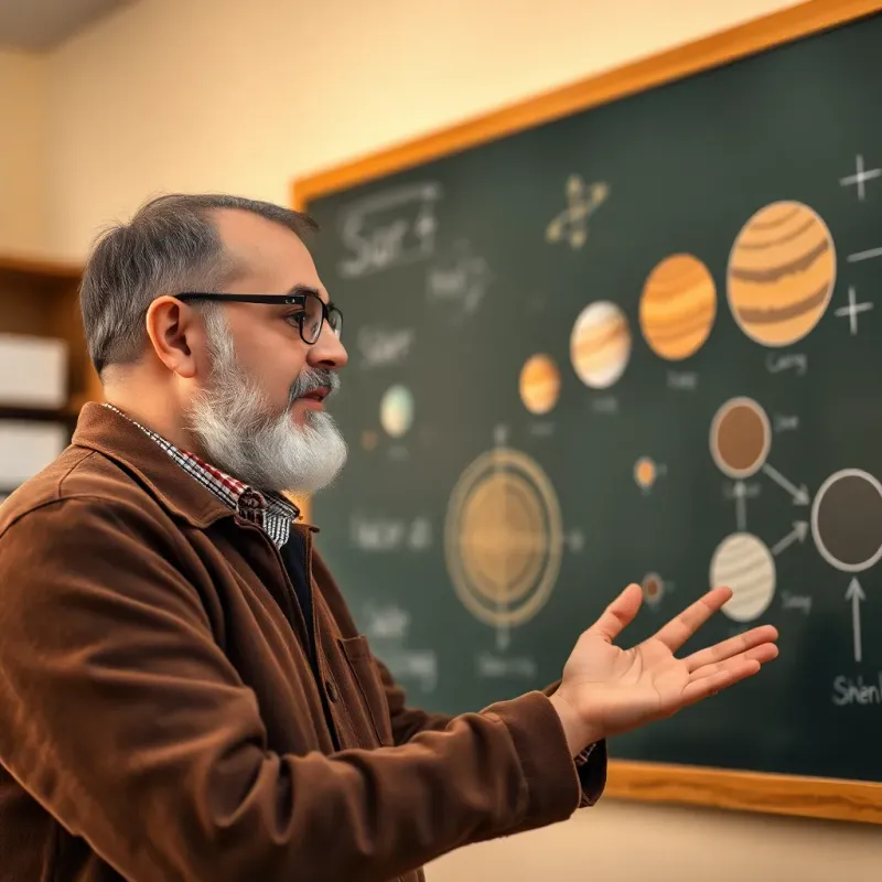 A geography teacher, a middle-aged Arab man with a beard, wearing glasses and a brown jacket, explaining planets to Ahmad, with stars and planets illustrated on a chalkboard, warm light, educational environment, clear focus, child-friendly
