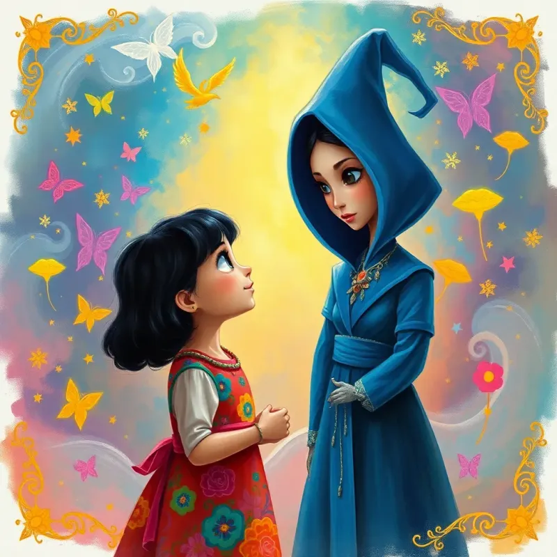 Areej, a young Arab girl with short black hair wearing a colorful dress, meeting a mysterious woman in a blue outfit surrounded by magical colors, illustrating a world of imagination, whimsical, vibrant, storytelling view, child-friendly