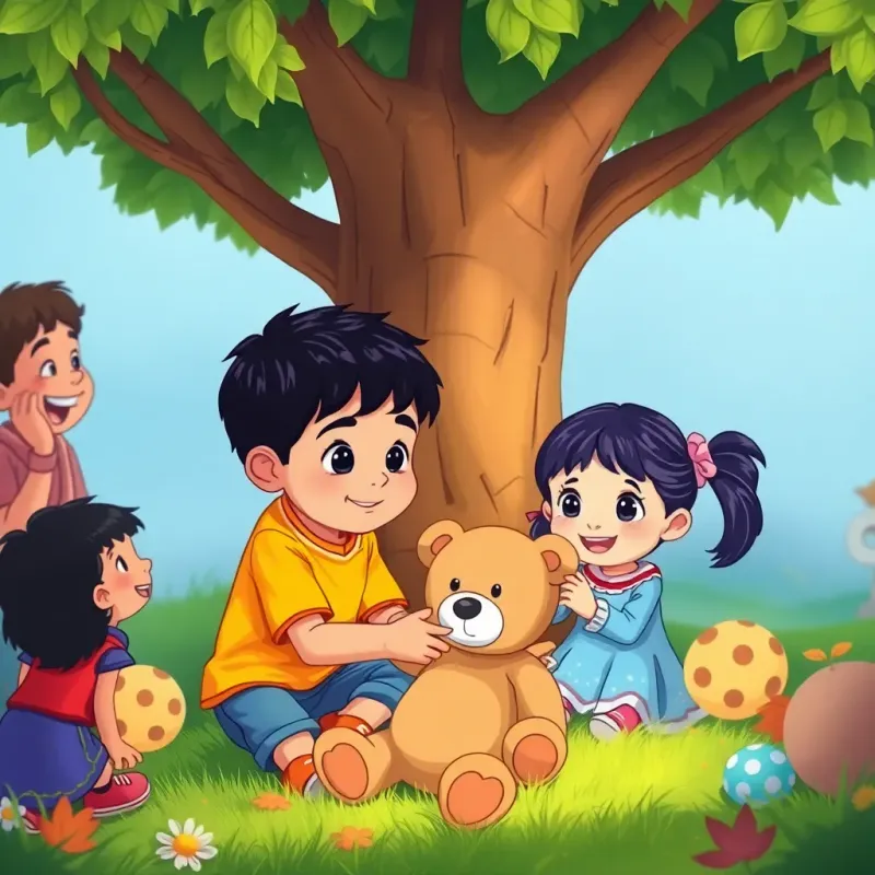 A young boy, Sami, with short black hair, helping a little girl find her lost teddy bear under a tree, surrounded by friends, vibrant colors, cheerful moment, child-friendly illustration