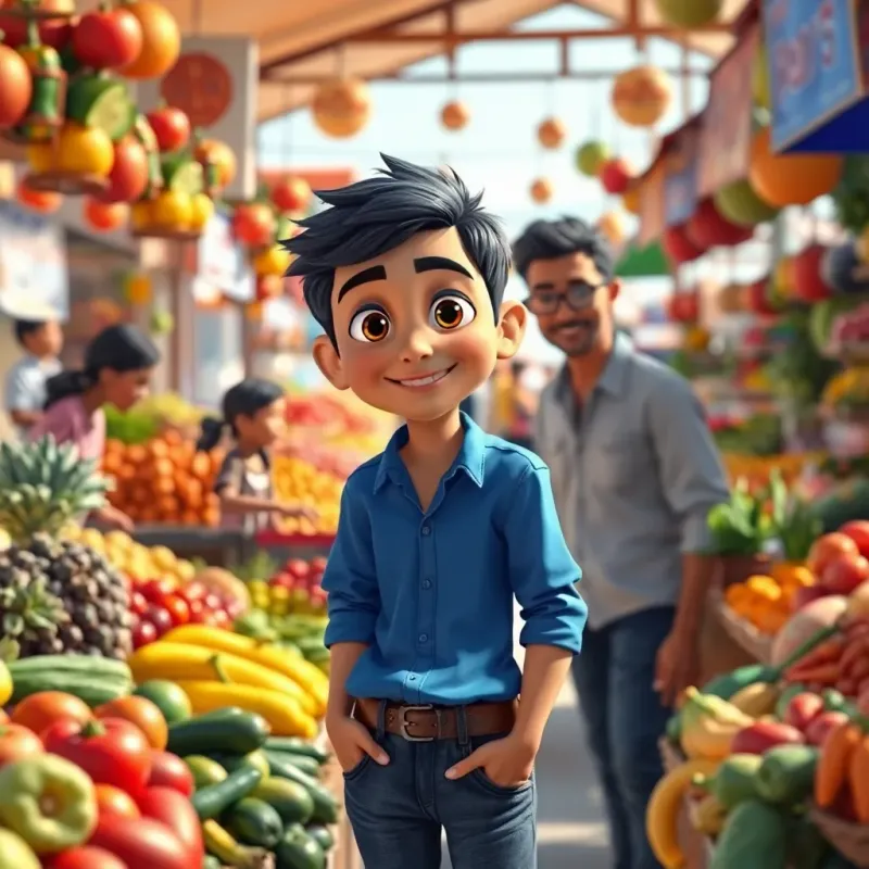 Ali with short black hair, wearing a blue shirt and jeans, at the market with his friends around colorful fruits and vegetables, bright daylight, lively market scene, enjoyable and vibrant, high quality