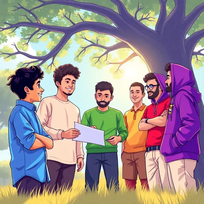 Five friends discussing solar energy beneath a large tree: Abdul Rahman, a cheerful Arab boy, in a blue shirt, Yasin, curly-haired in a green sweatshirt, Majdi in a red t-shirt, Mohammed, with glasses in a yellow polo, and Qusay in a purple hoodie, everyone looks enthusiastic as they draw out plans on a notebook, illustrated light, colorful, engaging perspective, high quality