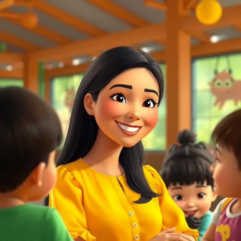 A calm teacher, a Middle-Eastern woman in her 30s with long black hair wearing a bright blouse, smiling gently at children in a lively playground setting, warm light, friendly mood, high quality.
