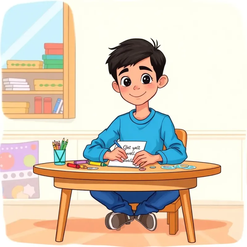A young Arab boy, Ali, with short black hair, wearing a blue shirt and jeans, sitting at a table crafting a get-well card with crayons and stickers, colorful, bright light, cheerful setting, high quality