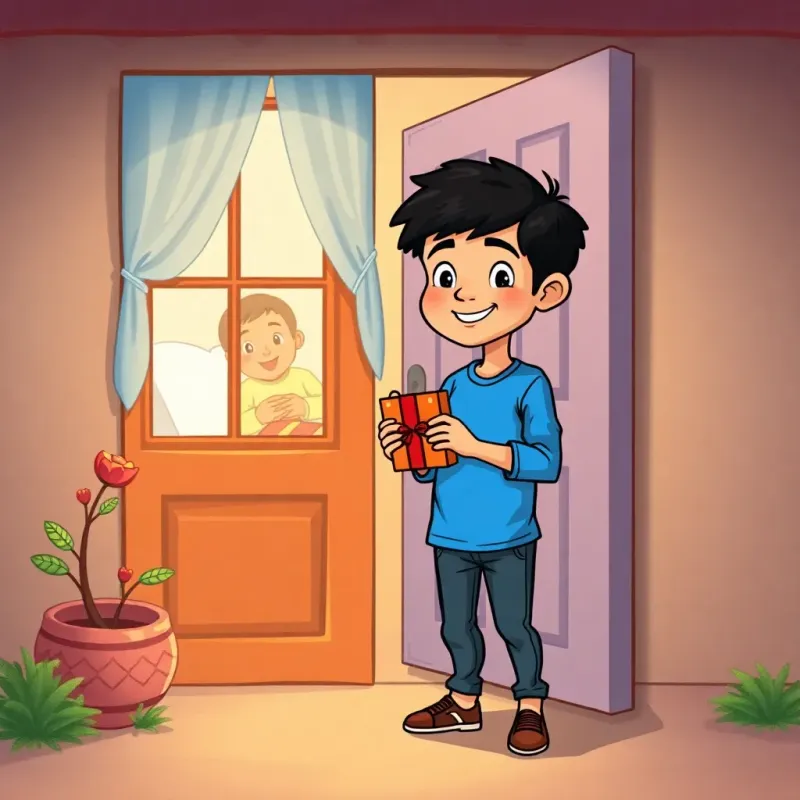 A young Arab boy, Ali, with short black hair, wearing a blue shirt and jeans, standing at the door of his sick friend Hassan's house, smiling as he presents a gift and card, warm colors, friendly atmosphere, high quality