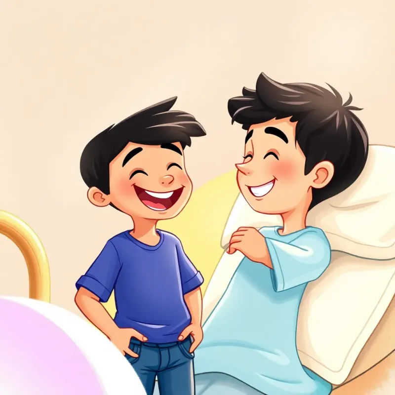 A young Arab boy, Ali, with short black hair, wearing a blue shirt and jeans, laughing with joy as his sick friend Hassan, looking better, smiles back at him, both surrounded by happiness, bright colors, warm light, high quality