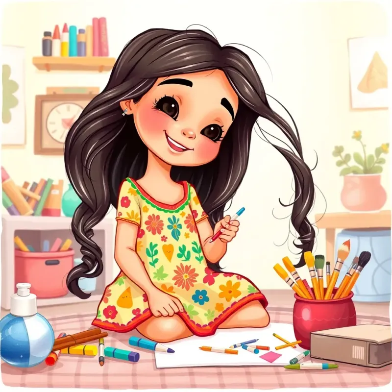 Fatima, a young Arab girl, with long, dark hair, wearing a colorful dress, taking out her drawing tools happily, colors and brushes scattered around, bright and inviting room, illustration, warm and colorful, high quality