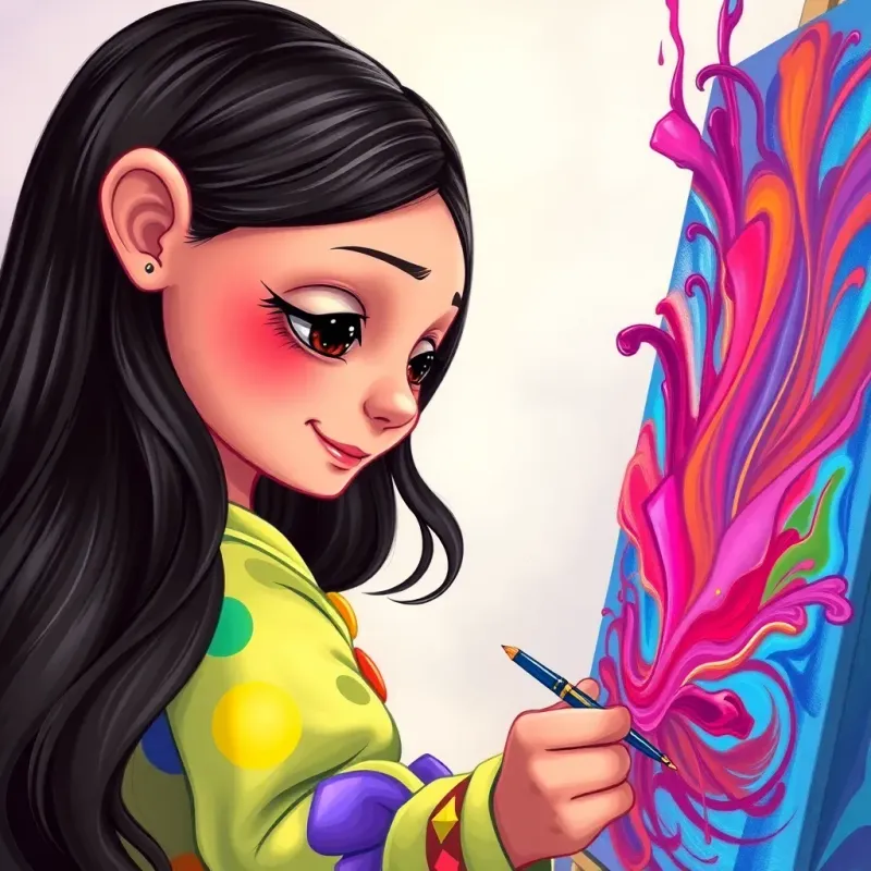Fatima, a young Arab girl, with long, dark hair, wearing a colorful dress, focusing deeply while painting, vibrant colors swirling on canvas, happy expressions, digital painting, detailed, artistic, high quality