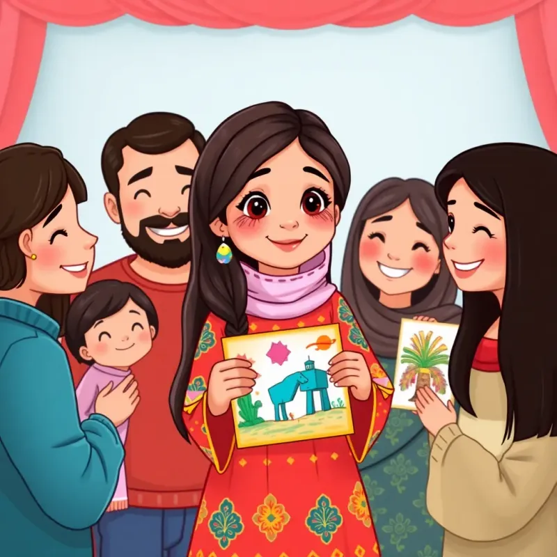 Fatima, a young Arab girl, with long, dark hair, wearing a colorful dress, showing her artwork to her friends and family, smiles on faces, joyful atmosphere, colorful art display, illustration, heartwarming, high quality