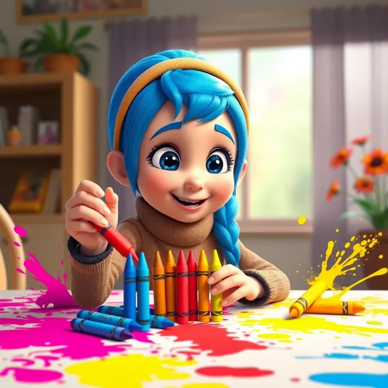 Sami selecting colorful crayons: red, blue, and yellow, surrounded by splashes of color on the table, with a big smile imagining a beautiful garden, playful and inviting atmosphere