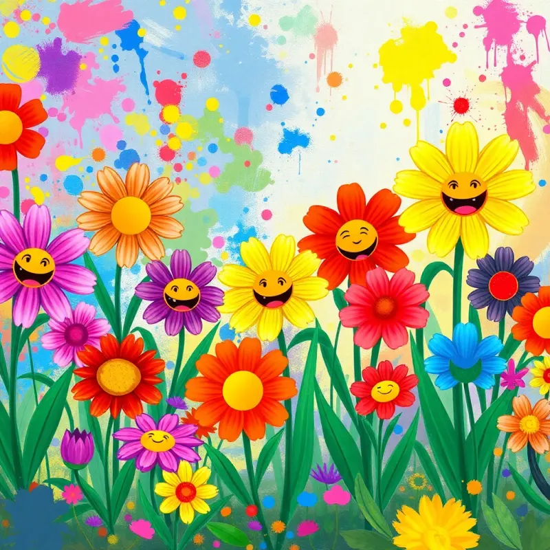 Sami drawing colorful flowers, each flower is laughing and telling a story, colorful paints everywhere, whimsical and creative scene, imagination flowing