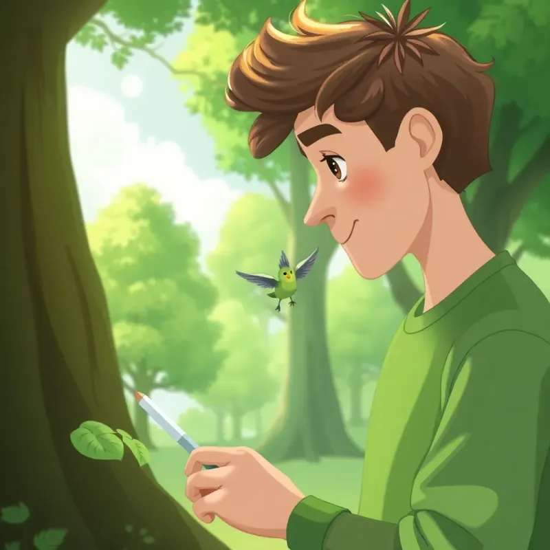 Sami using green to draw big trees, a small bird fluttering around, focused and immersed in his artwork, bright and friendly environment