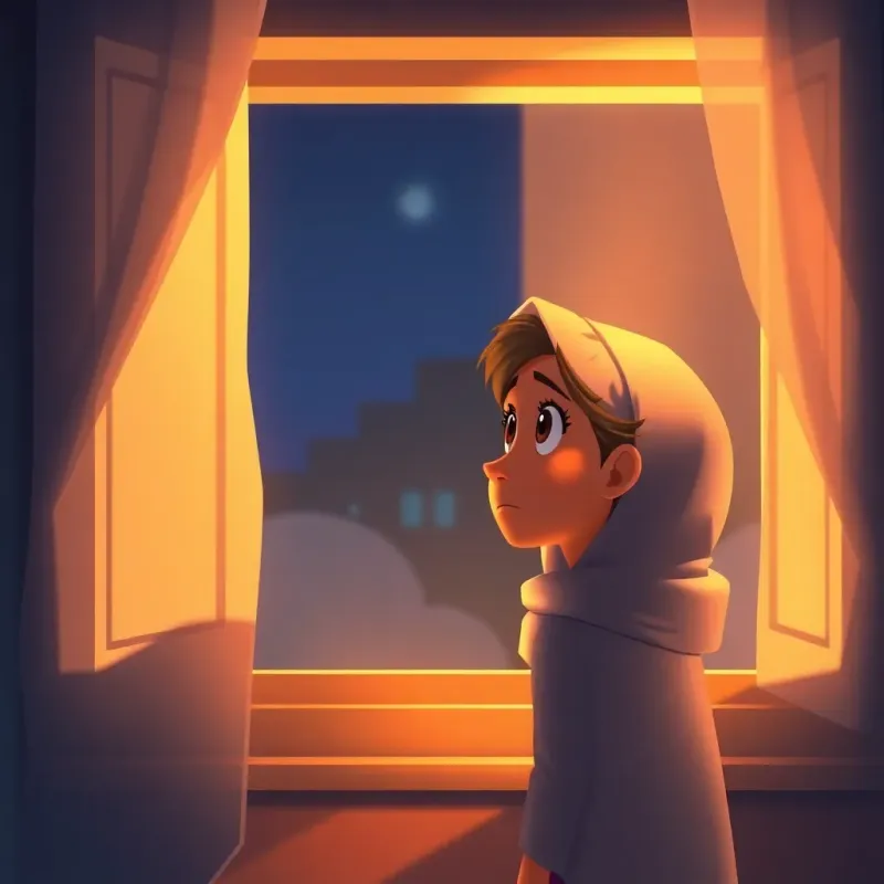 Sami at the window looking out curiously, seeing a girl crying outside, concerned expression, warm light coming in and reflecting off the glass