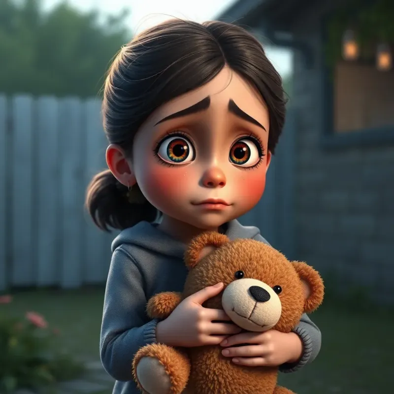 The little girl outside crying, holding her teddy bear, with big eyes filled with sadness, captured from Sami's perspective, emotional and engaging scene