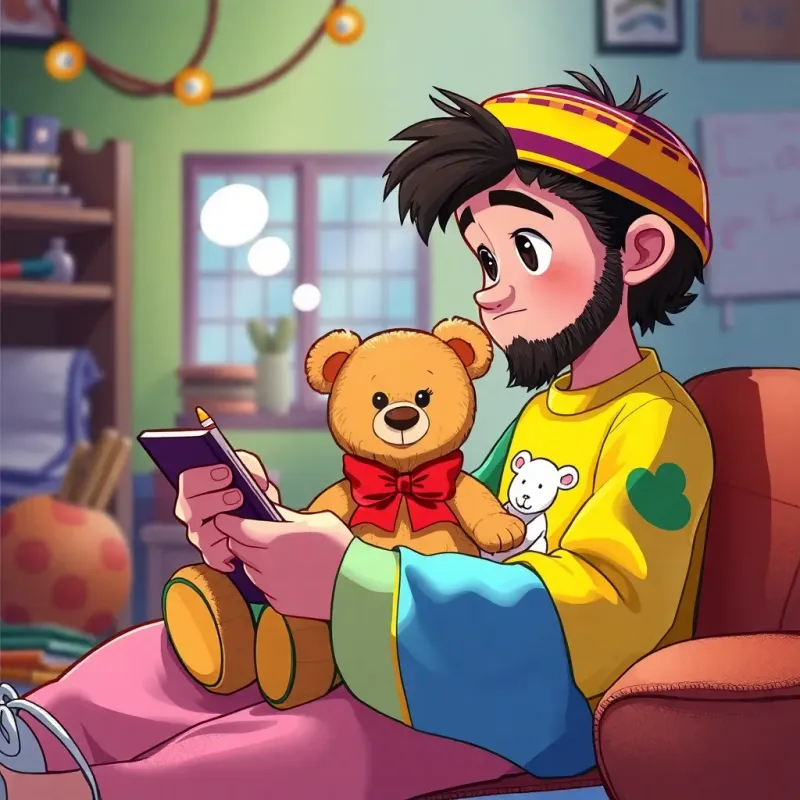 Sami thinking of how to help, drawing a beautiful teddy bear in his sketchbook, colorful and lively atmosphere, creative expression