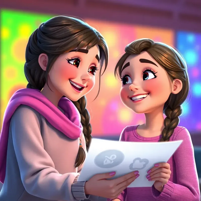 The girl looking at the drawing with joy, her face lighting up, Sami smiling back at her, a joyful connection moment, vibrant colors in the background