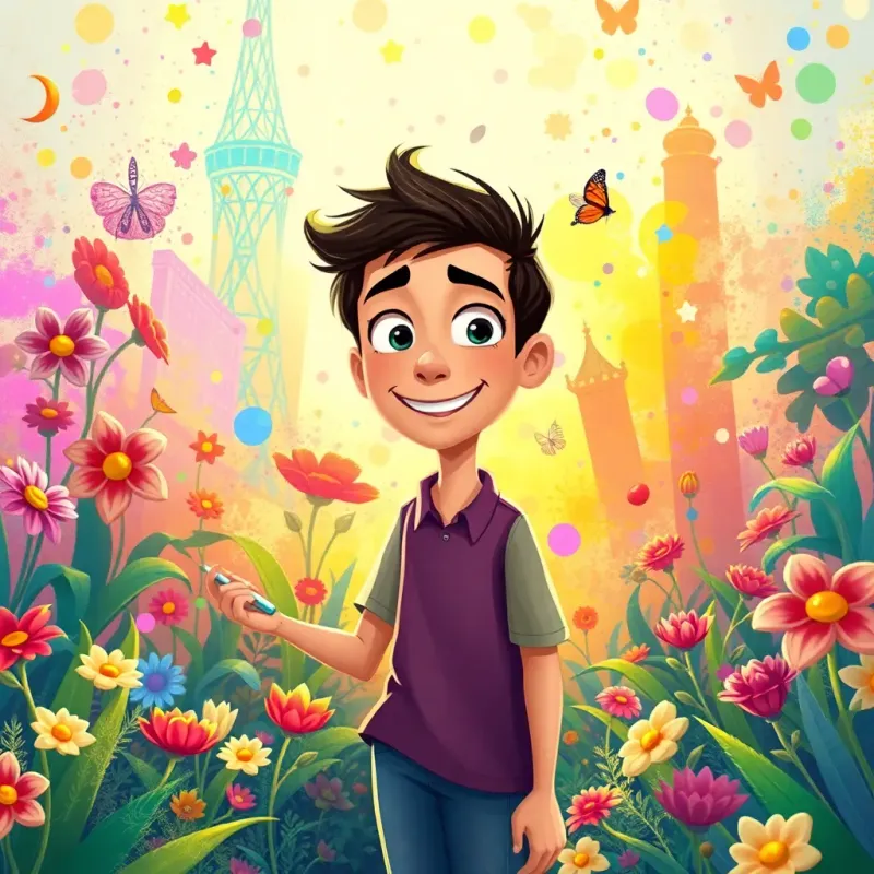 Sami back to his drawing, filled with enthusiasm, creating a dream garden, colors splashing with imagination, inspiring and hopeful ambiance