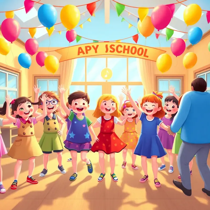 A bright school celebrating, children wearing colorful outfits dancing and smiling, decorated with balloons and banners, joyful music playing, warm sunlight, illustration, cheerful mood, child-friendly art