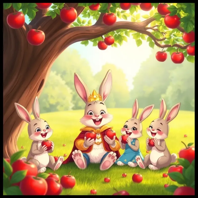 A joyful scene of a bunny prince and his friends sitting under a large tree, enjoying bright red apples and singing together, colorful illustration, cheerful atmosphere, child-friendly, high quality