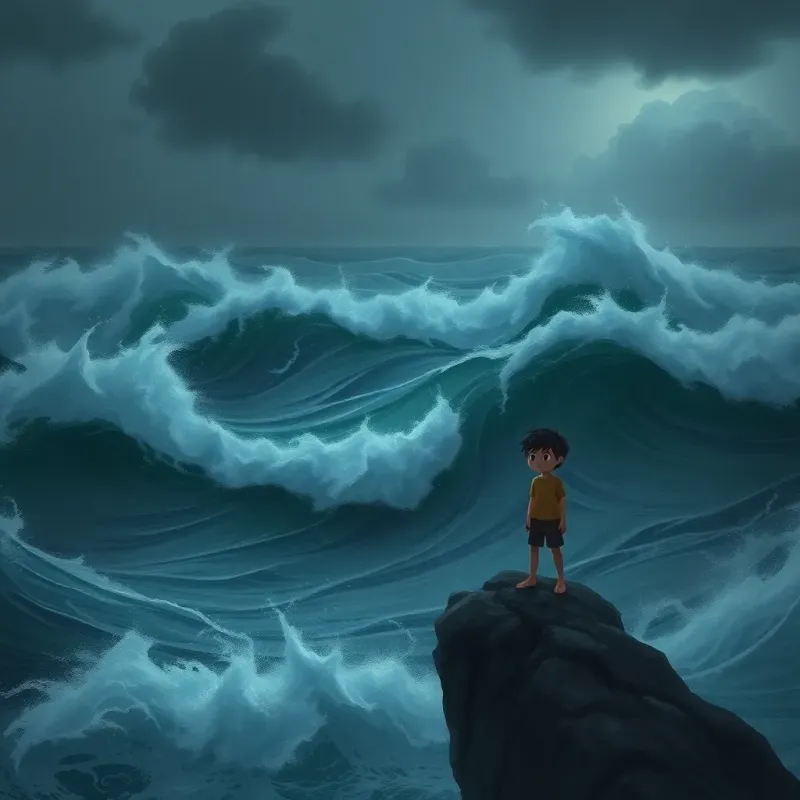 A dark stormy scene with huge waves crashing and a sad boy named Salem standing on a rock, looking worried, dark clouds in the sky, intense, dramatic, digital painting, moody colors, high resolution