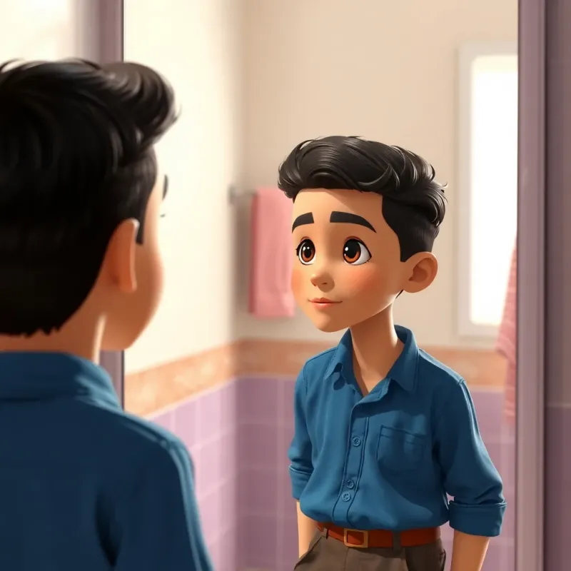 A young Arab boy, Sami, with short, dark hair, wearing a blue shirt and brown pants, looking in the mirror with determination, neat hairstyle, bright and colorful bathroom, inspiring mood, high quality