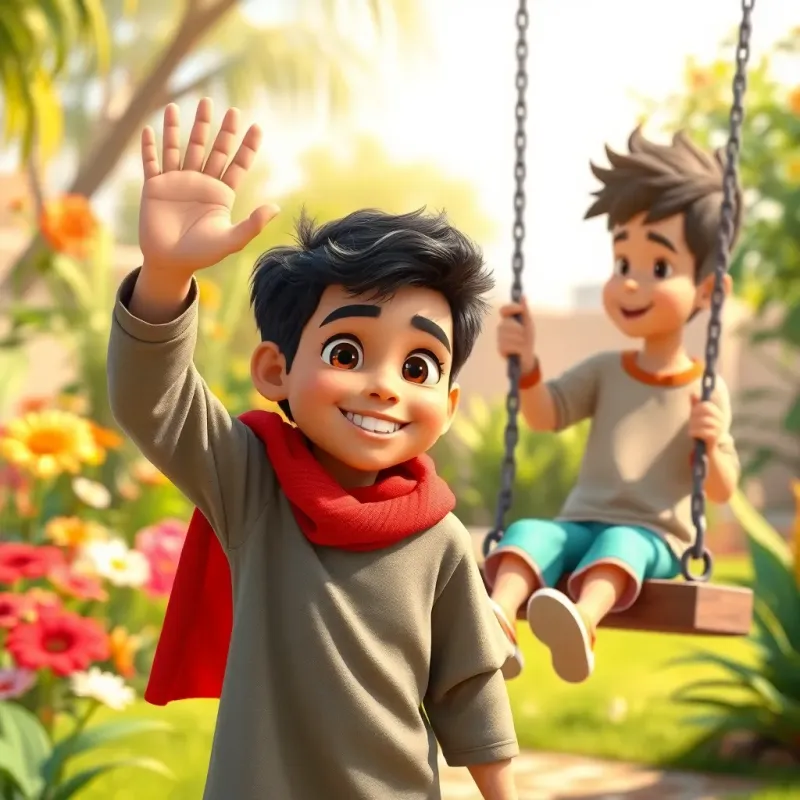 A young Arab boy, Sami, with short, dark hair, waving at his friend Dani, who is sitting on a swing, sunny garden in the background, playful and vibrant scene, joyful spirit, high quality