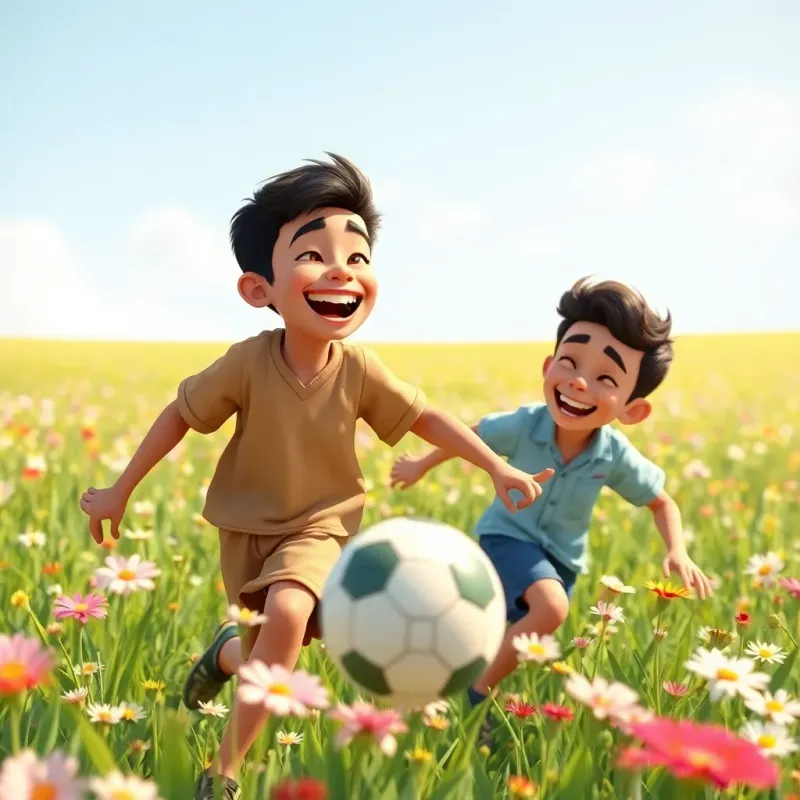 A young Arab boy, Sami, with short, dark hair, laughing with his friend Dani while playing soccer in a field filled with flowers, bright and sunny day, dynamic movement, joyful expressions, high quality