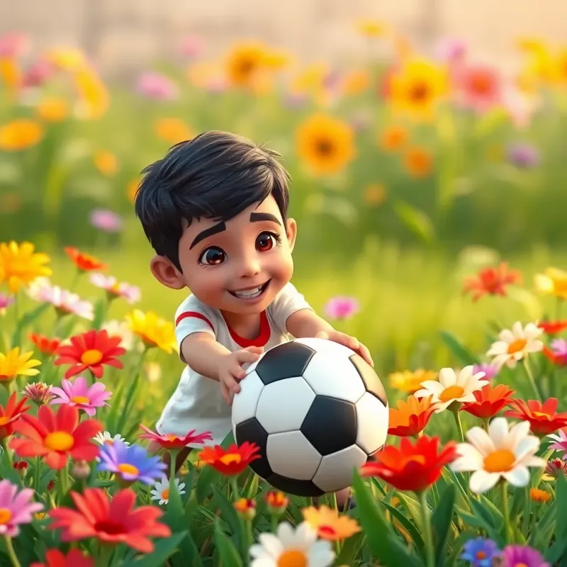 A young Arab boy, Sami, with short, dark hair, retrieving a soccer ball from a patch of colorful flowers, cheerful and light-hearted atmosphere, whimsical scene, high quality